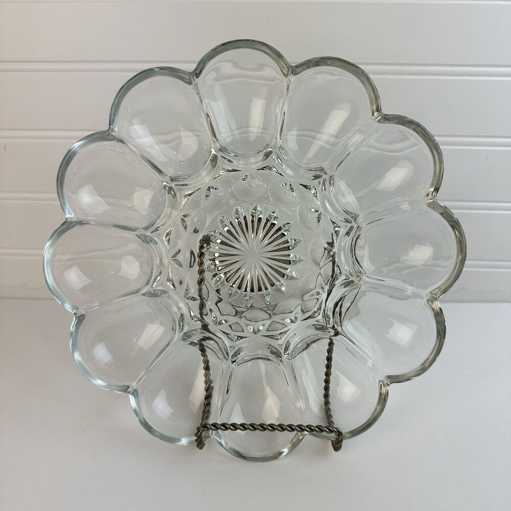 Anchor Hocking Clear Glass Vintage Deviled Egg Plate 10-inch Scalloped Tray